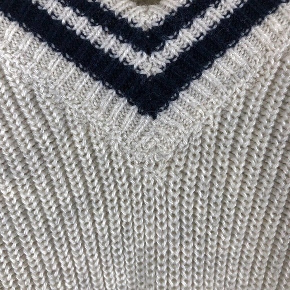 EDDIE Bauer Sweater Cream Knit Varsity Stripe V Pullover Casual Sz X Large Tall - Picture 5 of 13